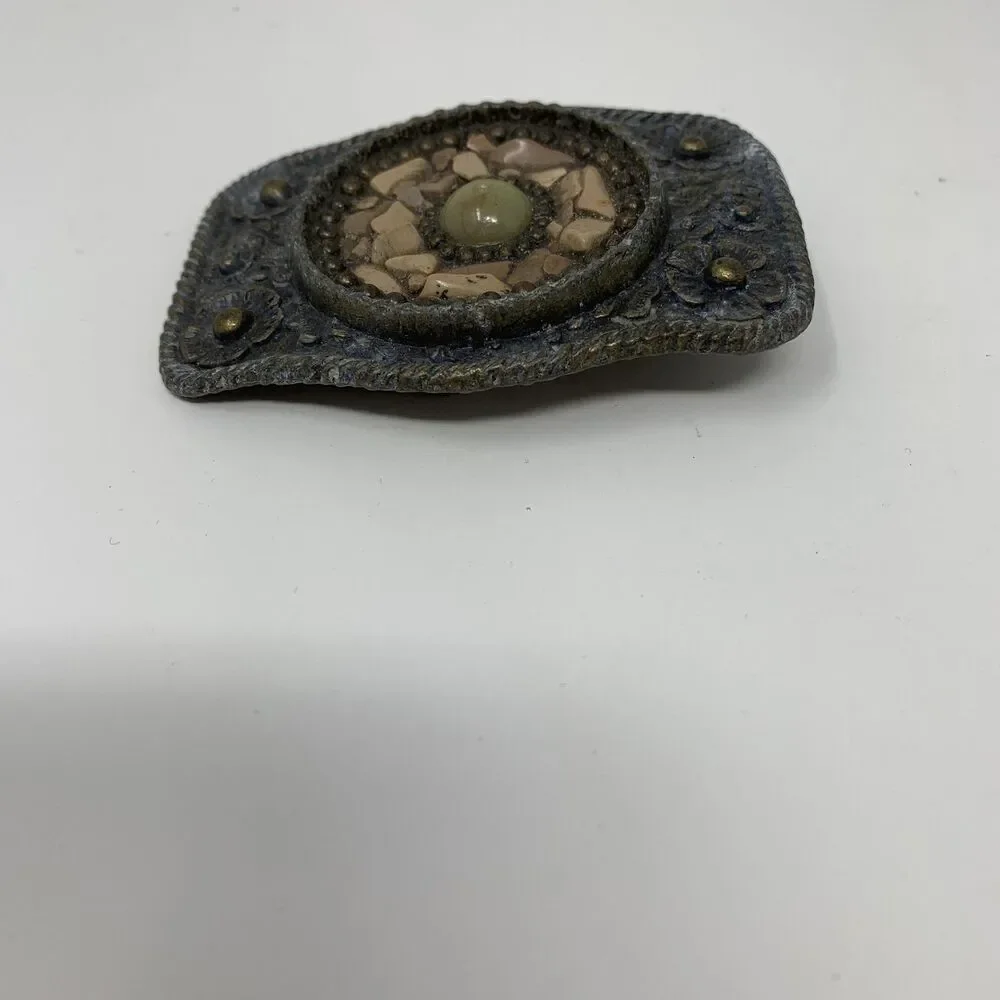 Western Belt Buckle Mens Gray Floral Metal Beaded Stone Mosaic Cowboy Rustic